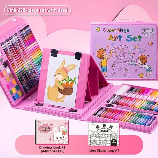 208-Piece Kids Art Set with Easel – Pink Drawing & Painting Kit for Young Artists