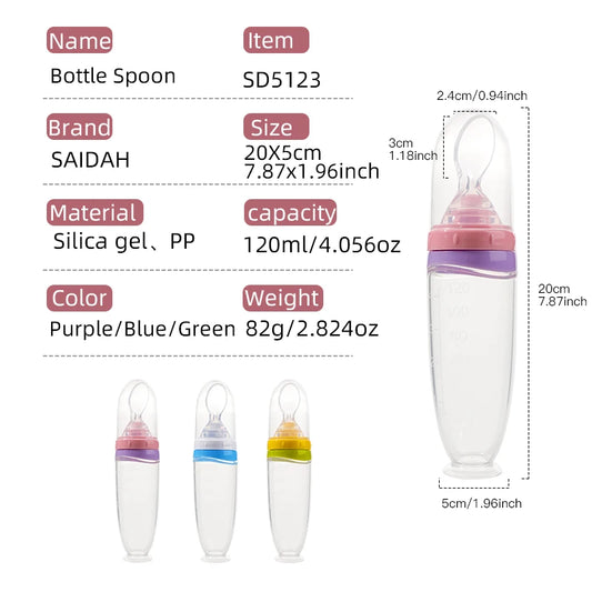 Baby Food Squeeze Feeder – Soft Silicone Bottle with Detachable Spoon (4oz / 120ml)