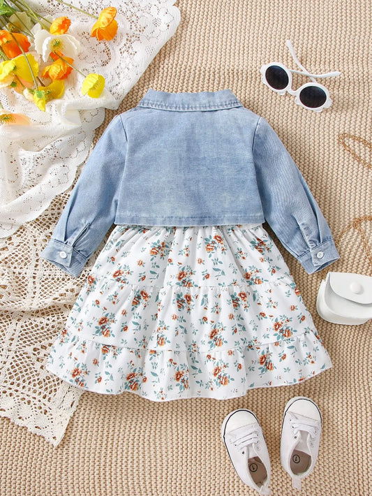 3-Piece Girls’ Outfit – Floral Dress, Halter Top & Denim Shorts Set