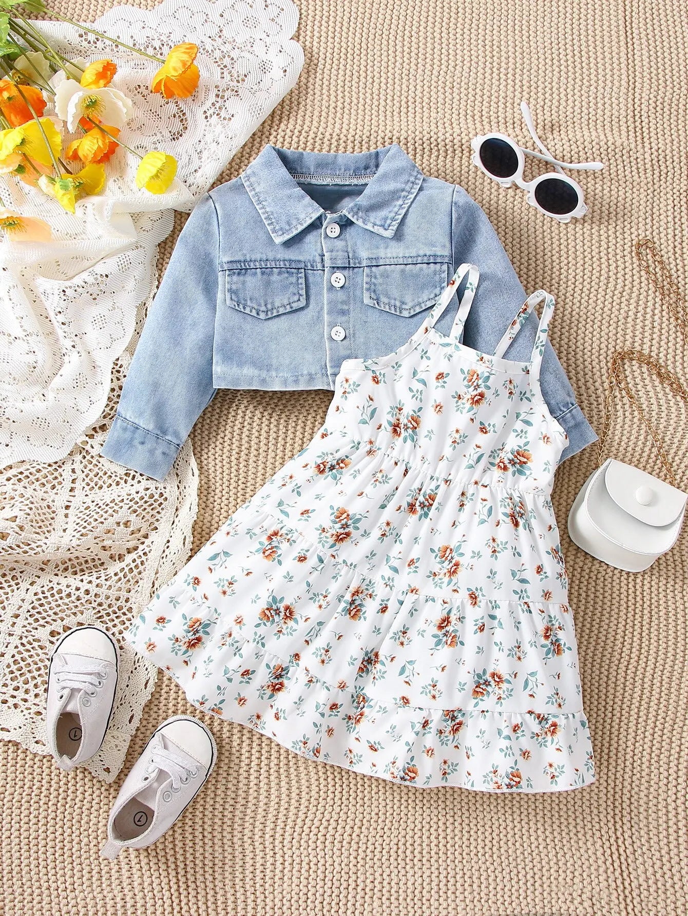 3-Piece Girls’ Outfit – Floral Dress, Halter Top & Denim Shorts Set