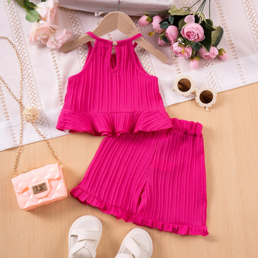 2025/2026 Girls’ Summer Set – Ruffle Sleeveless Top & Solid Color Shorts